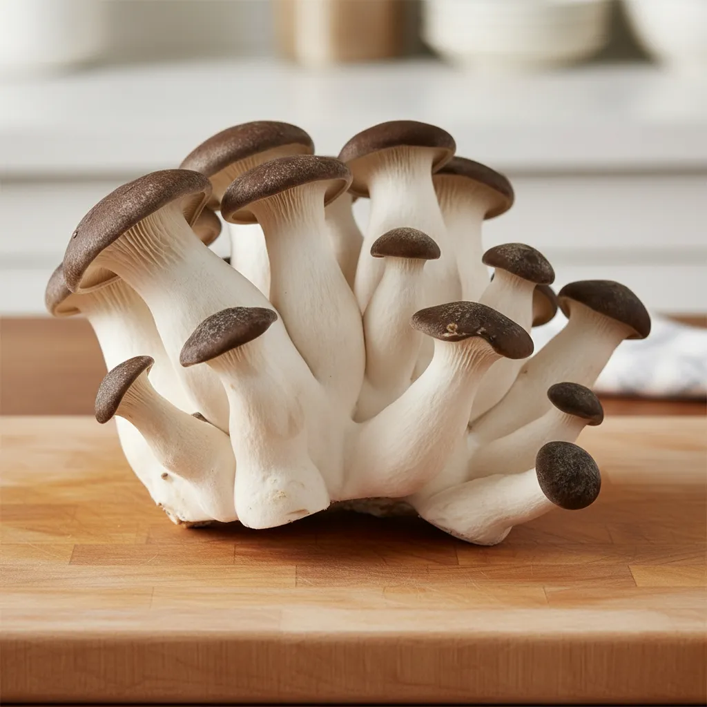 Black Pearl king oyster mushrooms with dramatic dark caps and sturdy white stems