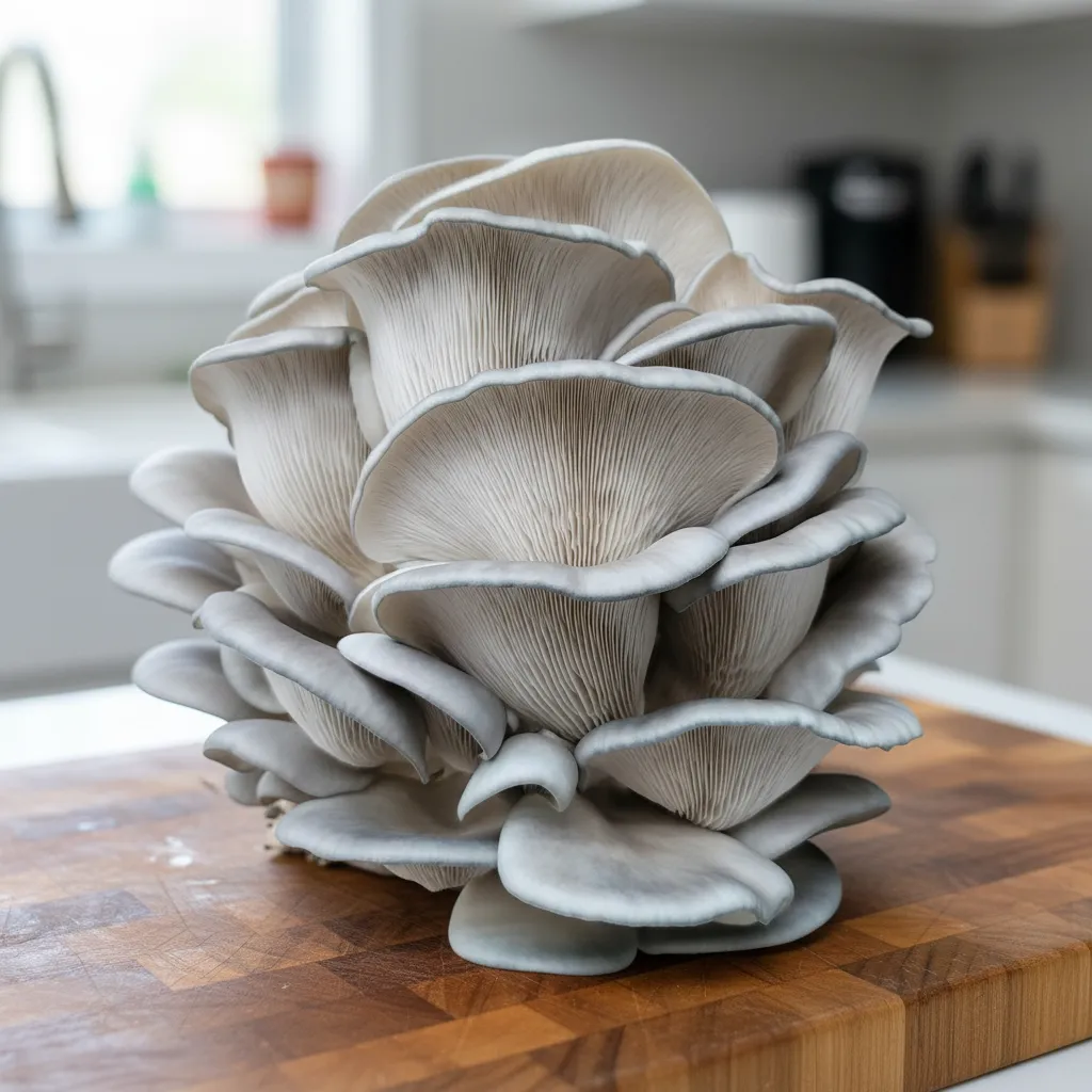 King blue oyster mushrooms with thick white stems and small brown caps