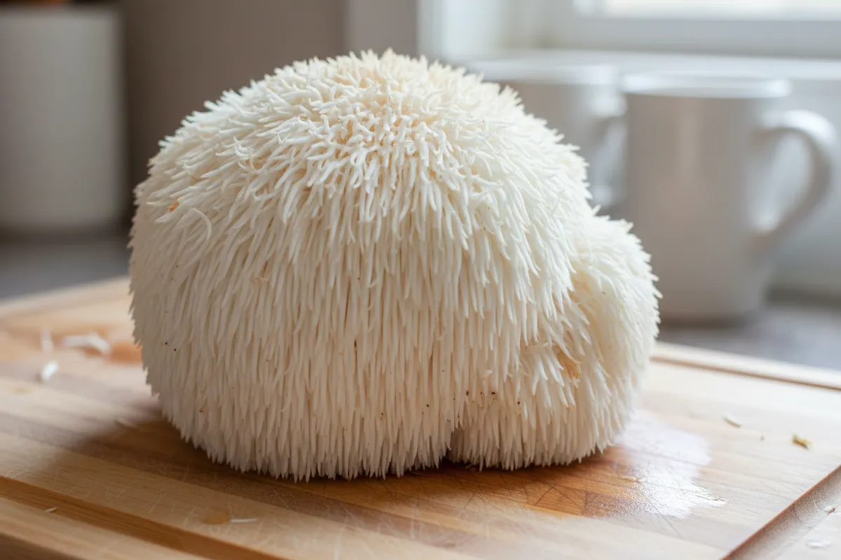 Fresh lion's mane mushroom with cascading white teeth ready for harvest