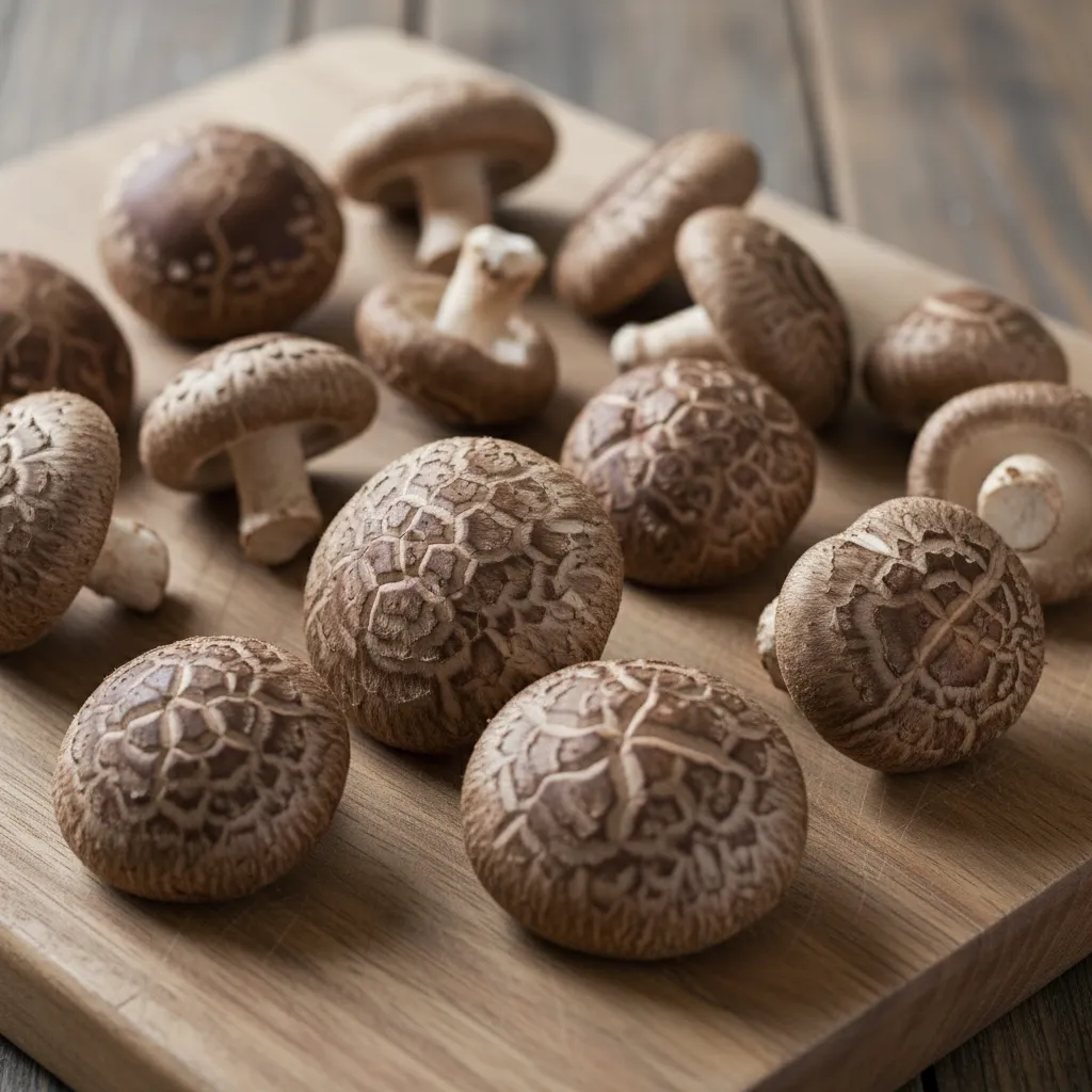 Shiitake mushrooms with thick dome-shaped caps growing from a sawdust block