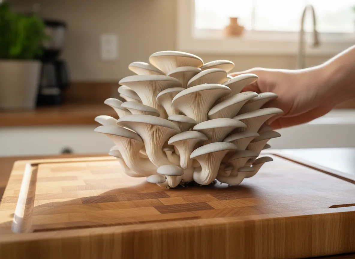 Blue oyster mushrooms with steel-blue caps growing in a dense shelf-like cluster from a fruiting block