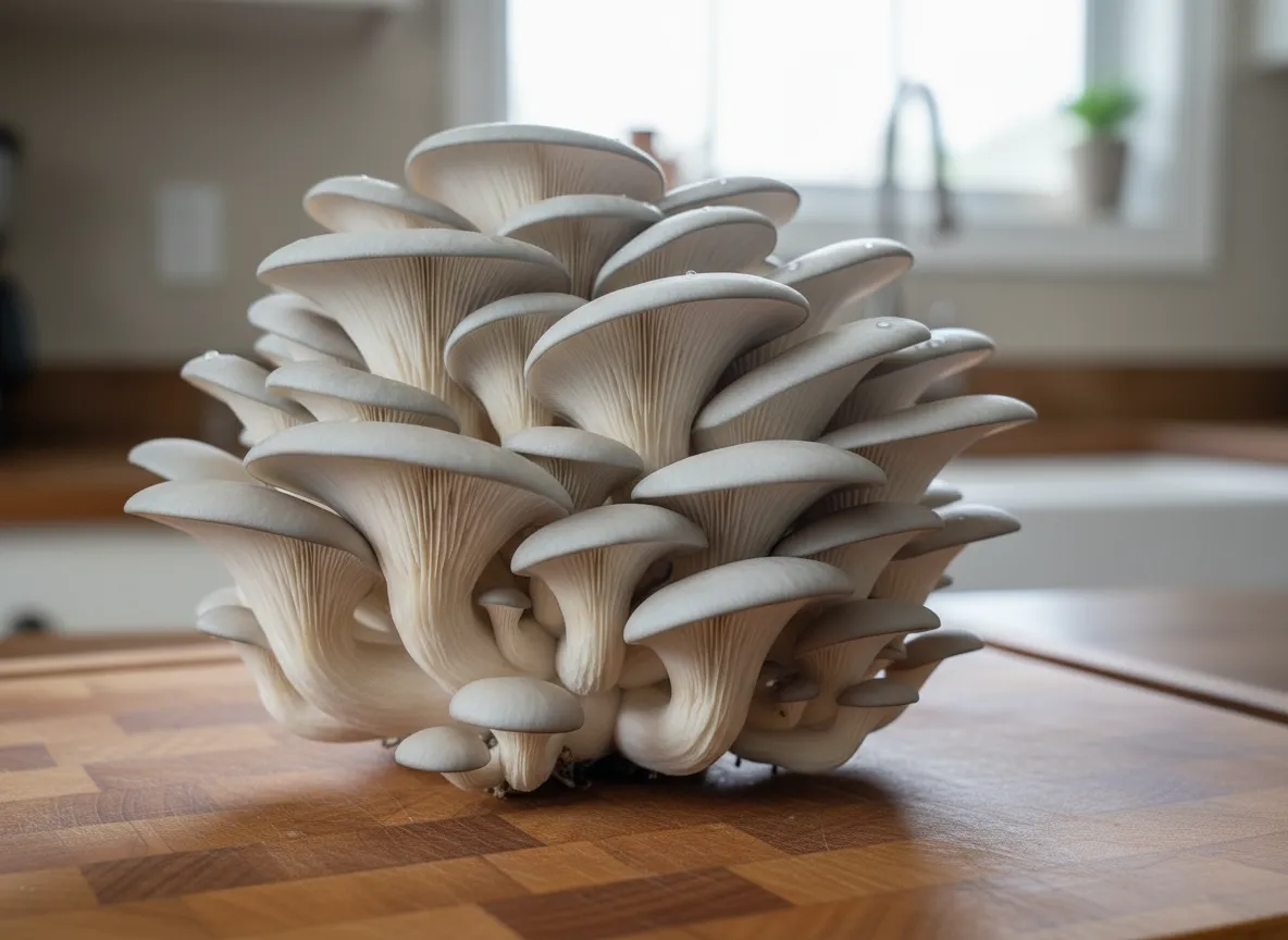 First flush of mushrooms harvested from a substrate block, used to measure biological efficiency yields
