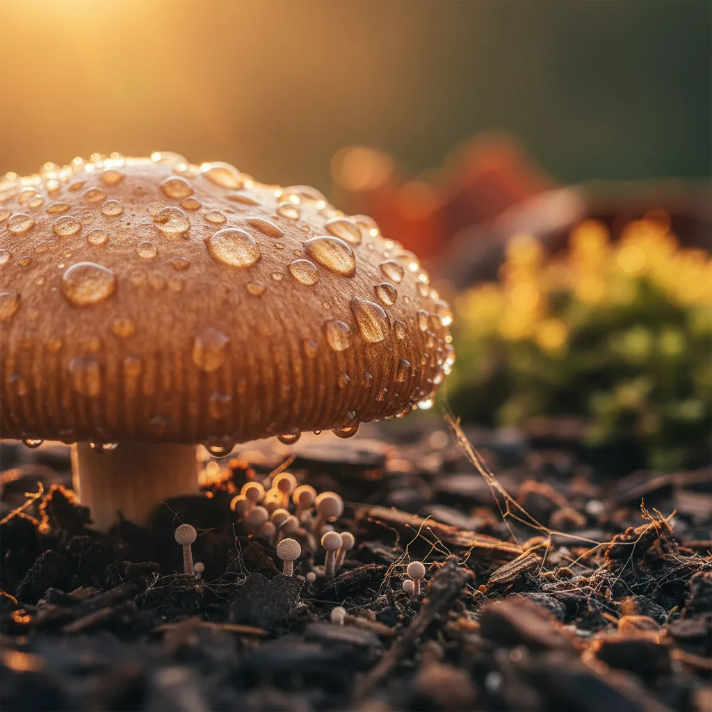 Misting system spraying fine water droplets inside a mushroom fruiting chamber for humidity control