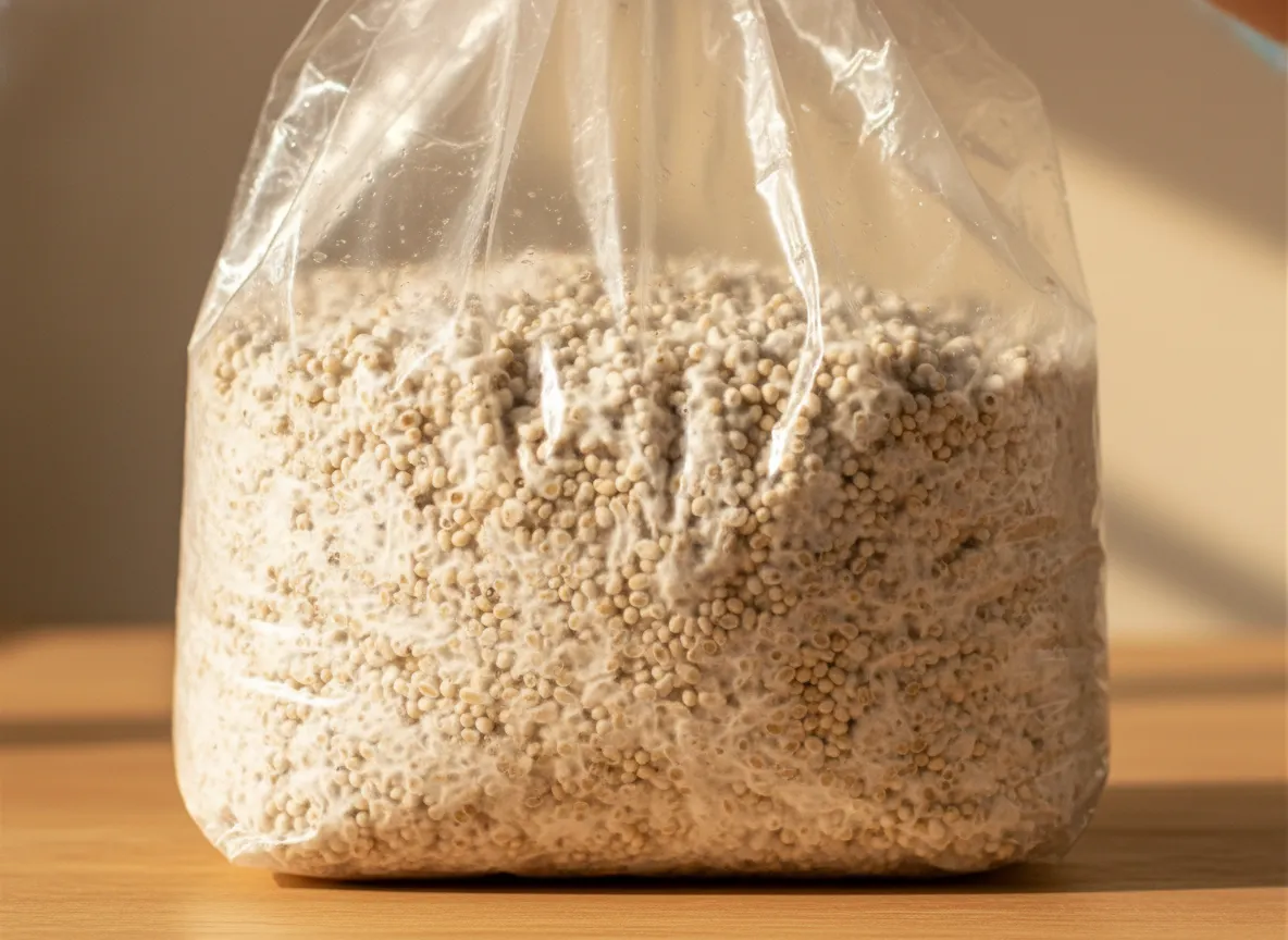 Closeup of prepared grain spawn showing individual hydrated rye berries