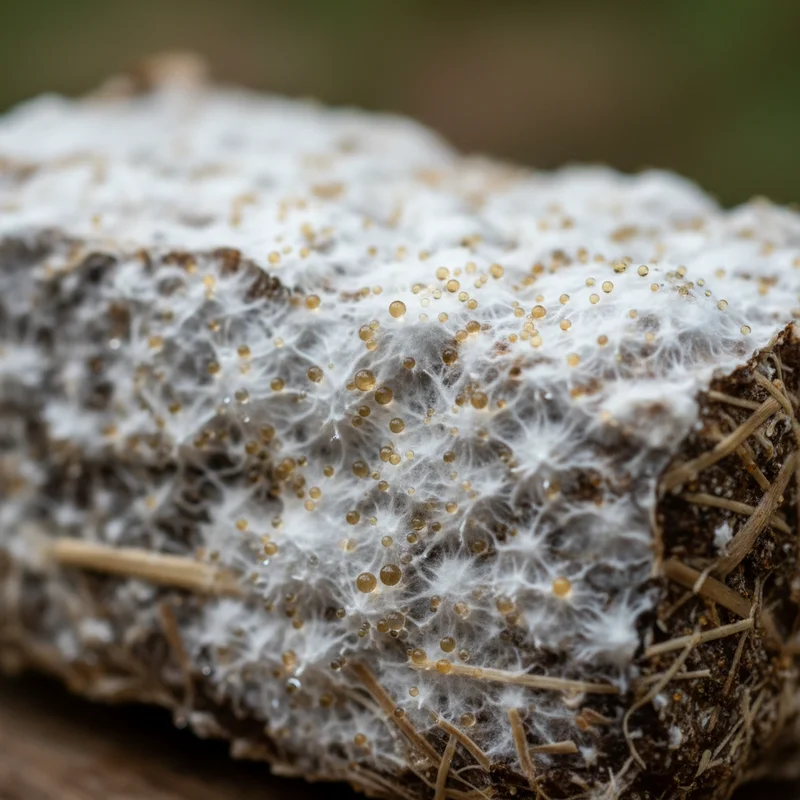 Yellow metabolite droplets on healthy white mushroom mycelium, showing normal amber liquid waste on substrate surface