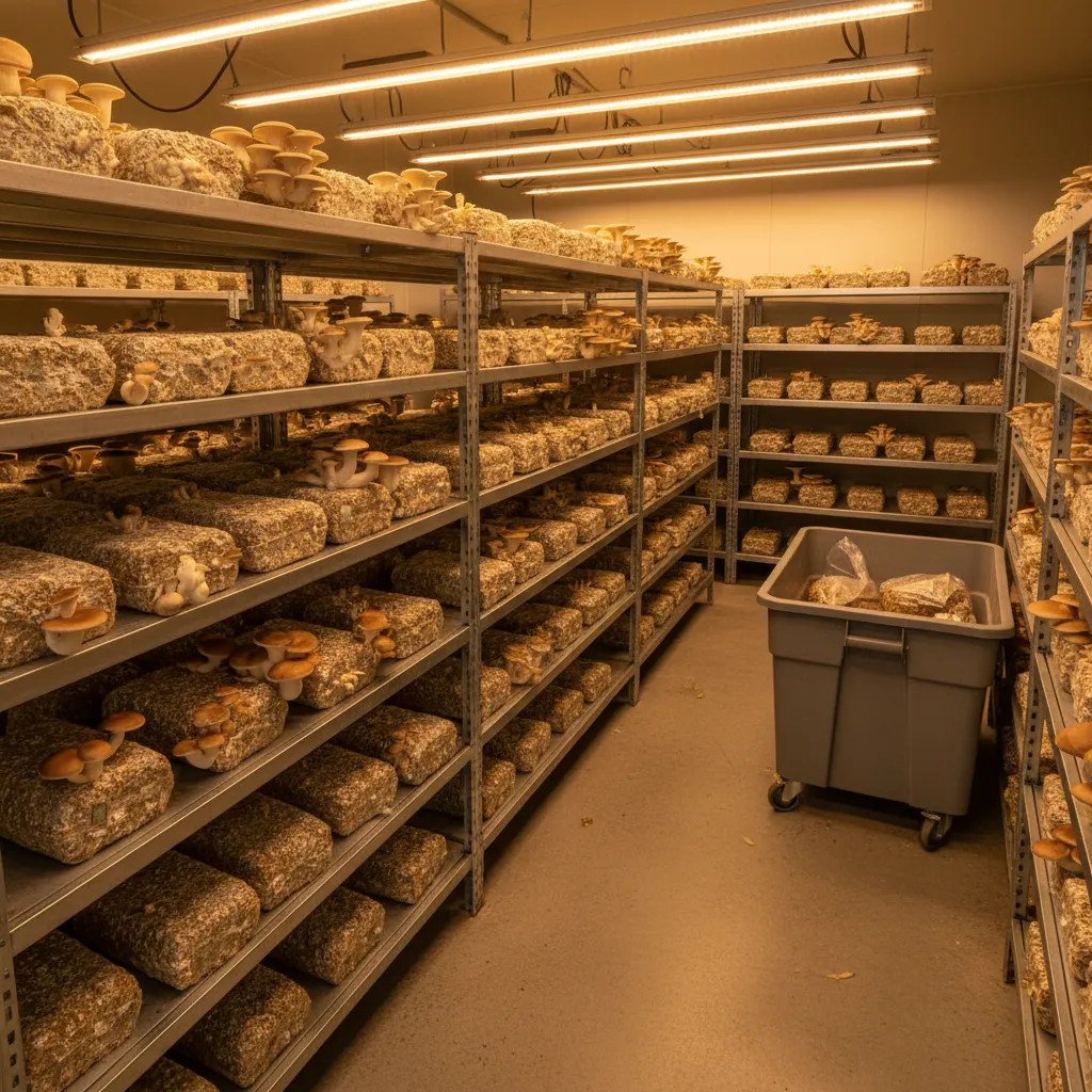Commercial mushroom fruiting room with shelves of substrate blocks producing multiple species under controlled conditions