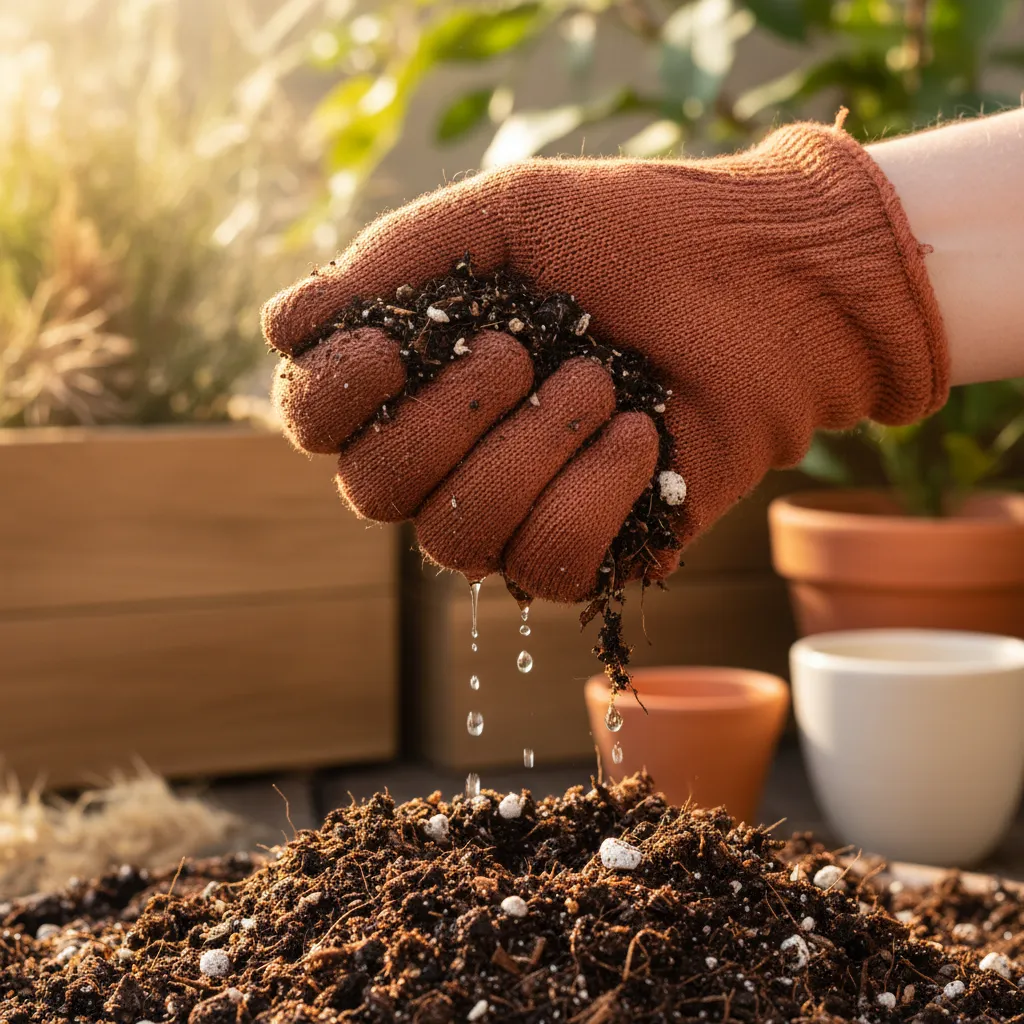 Hand squeezing hydrated substrate to test field capacity with water droplets visible